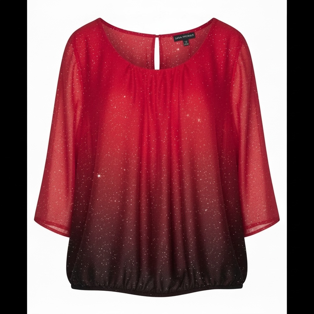 Sara Michelle Red to Black Ombre Glitter Blouse